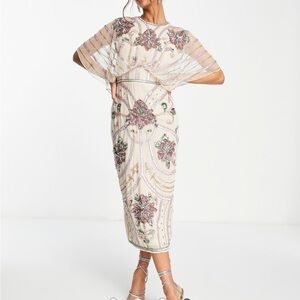 ASOS DESIGN blouson midi dress with art nouveau embellishment in cream